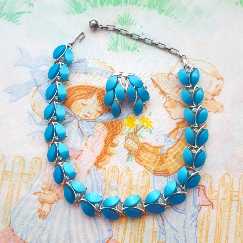 🌙Vintage Pakula Blue Thermoset Rhinestone Jewelry Set Parure
